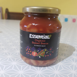 Essential organic baked beans in a jar