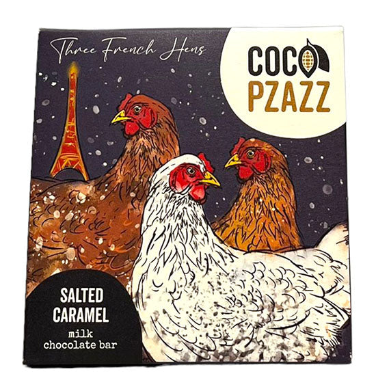 Coco Pzazz three french hens salted caramel chocolate bar