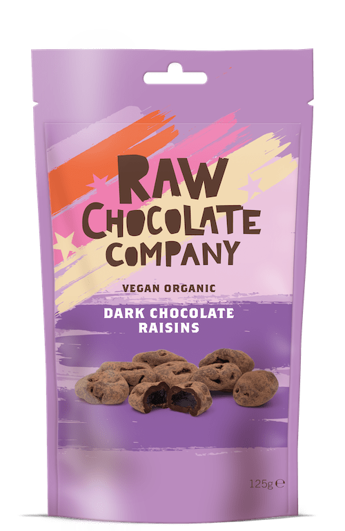 Raw chocolate vegan chocolate raisins snack pack.